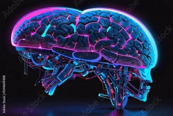 Fototapeta Futuristic human brain connecting neural link chip digital metaverse city world universe