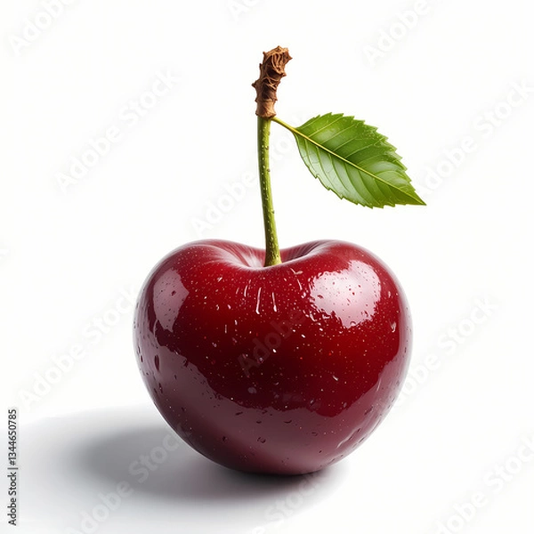 Fototapeta Single Red Cherry with Stem and Leaf