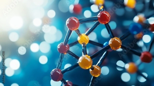 Fototapeta Molecular Structure Science Background - Abstract close-up of a colorful molecular structure against a blurred blue background, ideal for science, technology, and research concepts
