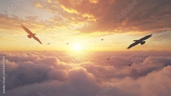 Fototapeta Fiery clouds stretch across the horizon above the cityscape image