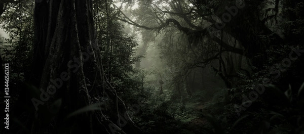 Fototapeta Sunlight streaming through the dense foliage of a tropical rainforest