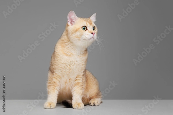 Obraz Funny Scottish Fold cat with beautiful big eyes in gray background. Free space for text.