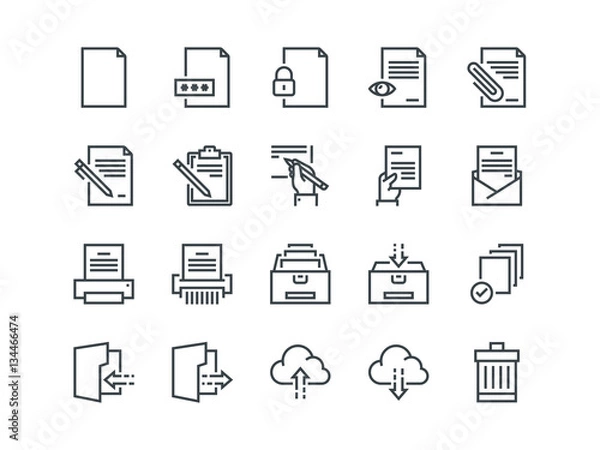 Fototapeta Document. Set of outline vector icons. Includes such as Printer, Shredder, Folder, Archive, Handwriting and more.