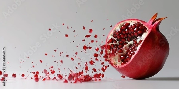 Fototapeta A halved red fruit with its seeds exploding outwards from it
