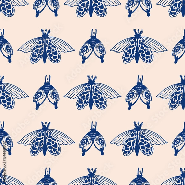 Fototapeta Butterflies blue line on beige background vector seamless pattern. Line and spot. Line art. Vector illustration.