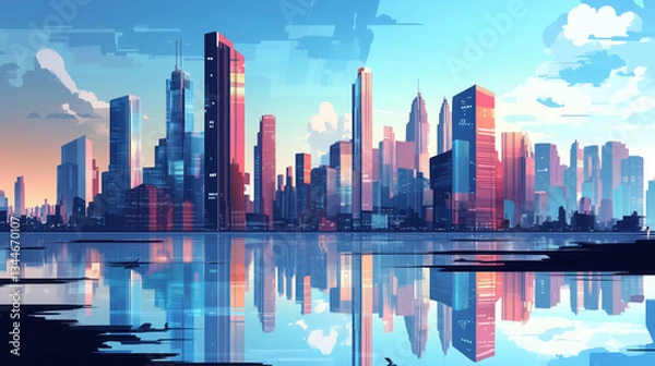 Fototapeta Modern Urban Architecture Featuring Towering Skyscrapers and Reflections in a Smart City, Perfect for Corporate Brochure Templates and Business Marketing Materials