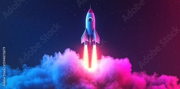 Obraz A colorful rocket launches from vibrant vapor into the starry night sky