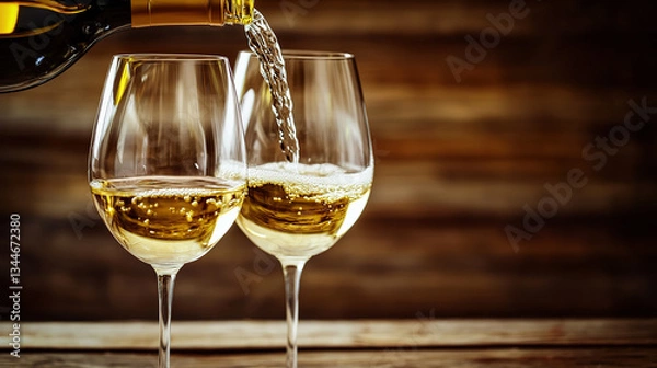Fototapeta Two wine glasses with white wine being poured, embodying elegance and simplicity in a timeless moment.
