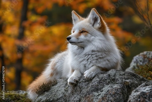 Fototapeta A beautiful white fox rests on rocks in autumn