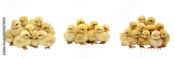 Fototapeta A group of baby chicks huddled together, their fluffy yellow feathers creating a soft, warm cluster, isolated on a transparent background
