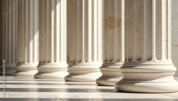 Fototapeta Row of marble pillars in classic greek architecture style with fluted columns. Stone colonnade with light and shadow. Ancient building exterior with architectural elements, historical structure.