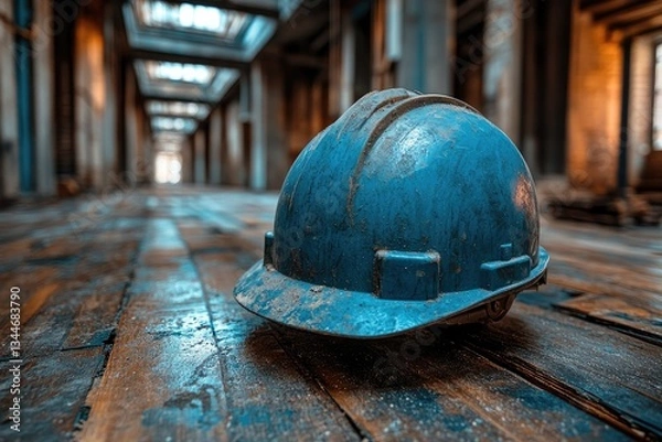 Obraz A blue construction helmet rests on wooden planks inside