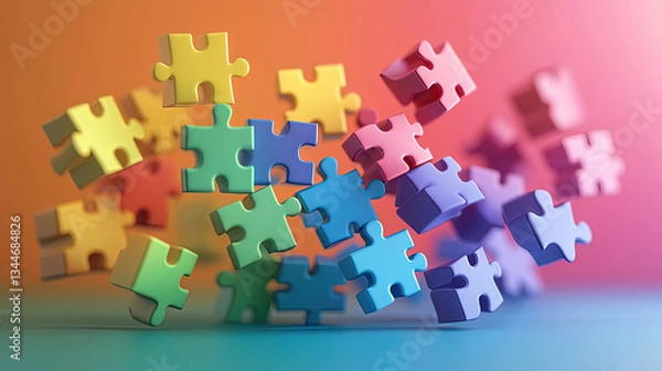 Fototapeta A minimalistic surreal illustration of puzzle blocks floating in midair, each block a single Pride color, forming a harmonious whole