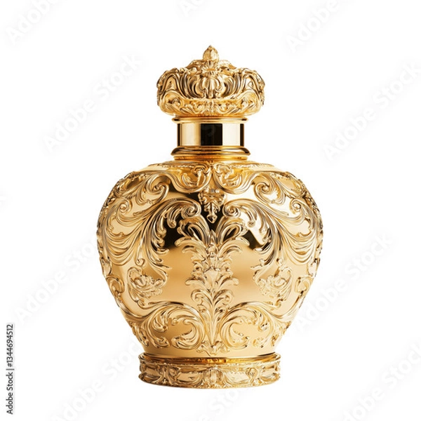 Obraz Luxurious golden Baroque perfume bottle on transparent background without any shadows. Opulent fragrance container.