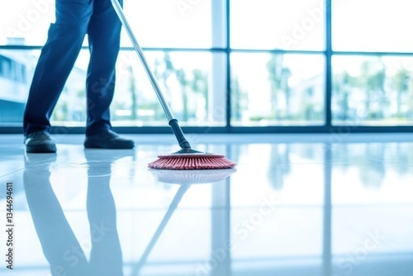 Fototapeta Mopping the tile floor of a corporate office, a janitor performs cleaning duties with precision, ensuring a spotless and safe work environment