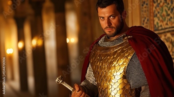 Obraz Warrior In Golden Armor Stands Confidently Inside Palace.