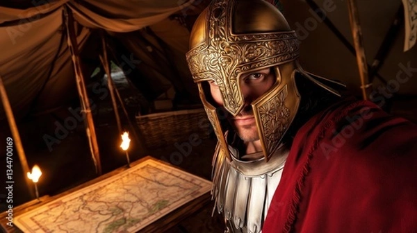 Obraz Helmeted Warrior Examines Map In Strategic Tent Setting.