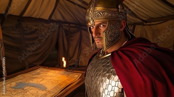 Obraz Roman Soldier Planning Strategy By Candlelight In Tent.