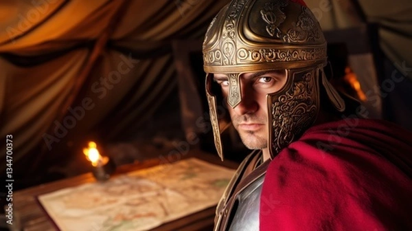 Obraz Roman Soldier Strategizing With Detailed Map In Tent.