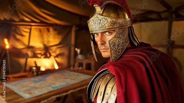 Obraz Serious Knight Planning Strategic Moves On A Map.