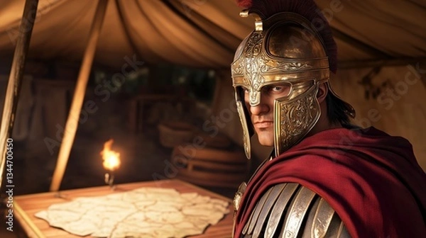 Obraz Focused Warrior Mapping Strategy In Candlelit Room.