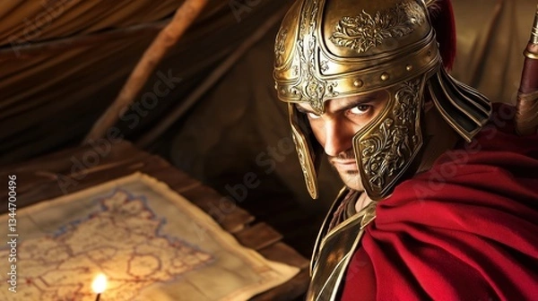 Obraz Intense Soldier Planning Conquest With Ornate Map.