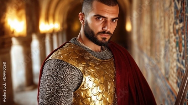 Obraz Knight In Armor With Golden Scales And Red Cape.