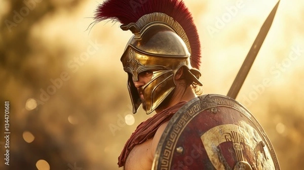 Obraz Courageous Warrior Gazing Back, Shield In View