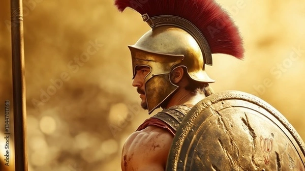 Obraz Stoic Warrior In Plumed Helmet, Shield And Spear