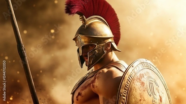 Obraz Ancient Spartan Warrior Ready For Battle With Spear.