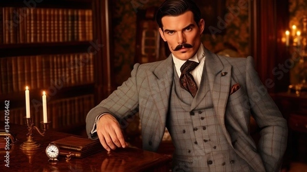 Obraz Handsome Man With A Mustache In Rich Library