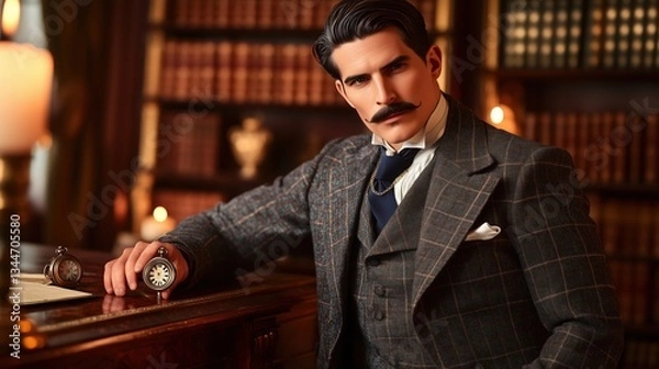 Obraz Stylish Man With Timepiece In Antique Adorned Library