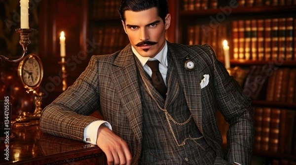 Obraz Dapper Man In Plaid Suit, Surrounded By Bookshelves