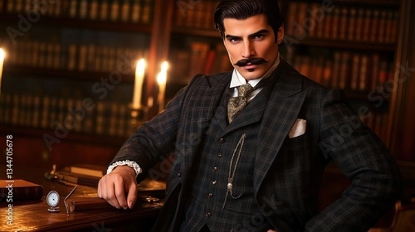 Obraz Sophisticated Man In Plaid Suit Amidst Historic Books.