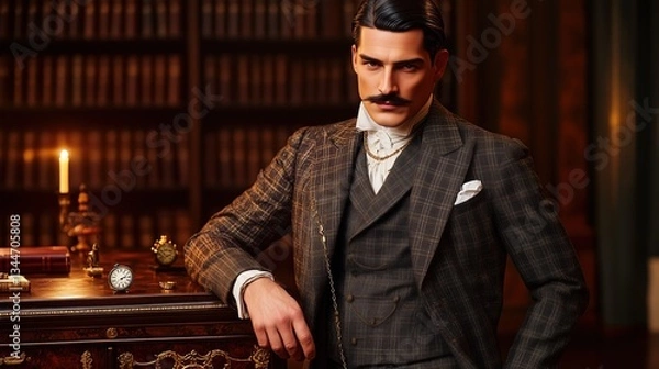 Obraz Victorian-Era Gentleman Posing In Opulent Library