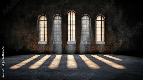Fototapeta Ancient hall with arched windows. Sunlight streams through