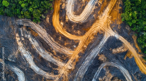 Fototapeta Overhead Perspective of Deforestation in the Amazon Rainforest, Highlighting Stripped Lands and Surviving Forest Fragments, Depicting Destroyed Nature