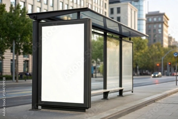 Fototapeta Bus Shelter with Blank Advertisement Space, Ideal for Mockups or Urban Themes, Featuring Cityscape and Isolated Panel