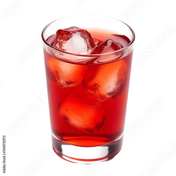 Fototapeta Red Drink in Glass with Ice Cubes Refreshing Beverage Clipart PNG Isolated on Transparent Background
