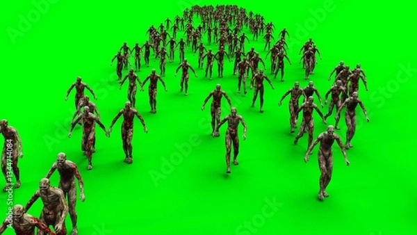 Fototapeta a crowd of walking zombies. green screen. Apocalyptic concept. 3d rendering.