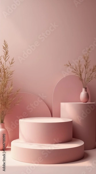 Fototapeta product display with pastel pink cylinders round shapes and soft light