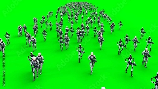 Fototapeta a crowd of walking robots with weapons. green screen.3d rendering.