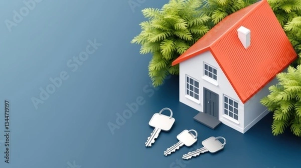 Fototapeta 3D Model House Keys, Real Estate, Interior Design, Digital Illustration, Background for Home Buying Presentation