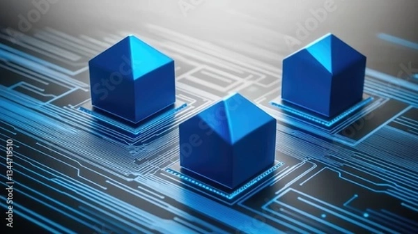 Fototapeta 3D blue houses on circuit board. Abstract design. Potential use for technology, future