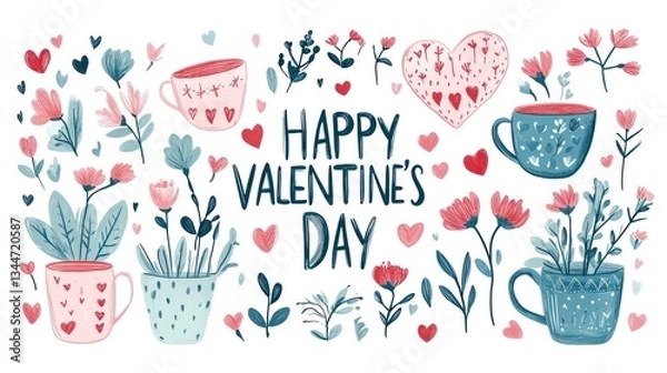 Fototapeta Valentine's Day floral teacups design element