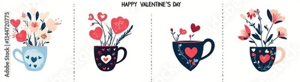 Fototapeta Valentine's Day mugs with floral hearts, greeting card design