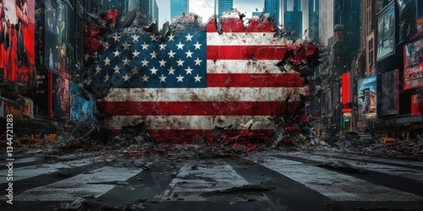 Fototapeta A crumbling cityscape showcases a distressed American flag prominently displayed