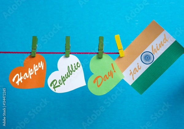 Fototapeta Happy Indian Republic Day  26 January concept. India flag and with text Vande Mataram in national tricolour flag and ashoka. 