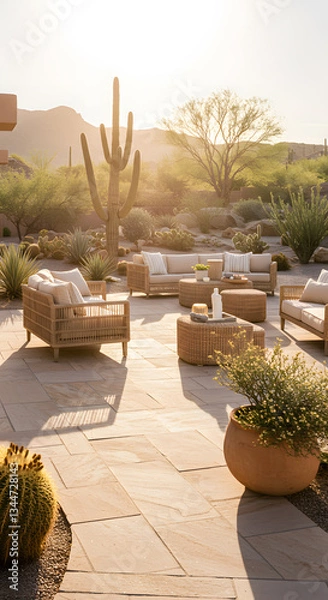 Fototapeta A serene outdoor patio with wicker furniture, surrounded by desert plants and cacti. The sun sets in the background, casting a warm glow over the scene, creating a tranquil atmosphere.