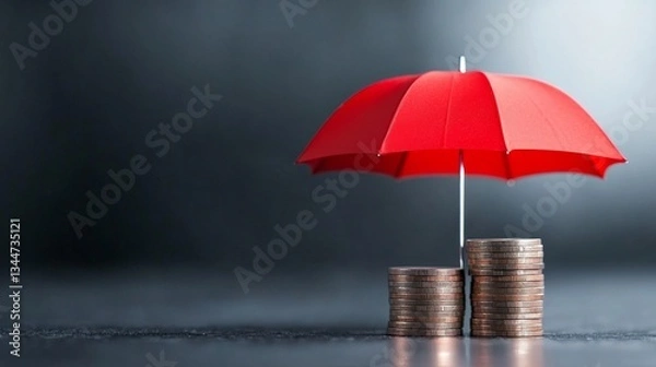 Obraz A vibrant red umbrella stands over stacks of coins, symbolizing protection and privacy in banking. The dark background emphasizes the importance of safeguarding financial assets in today's world.